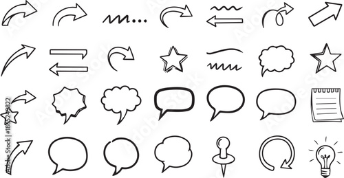 Set of Hand-Drawn Communication Icons featuring Sketchy Speech Bubbles, Directional Arrows, Idea Light Bulbs and Creative Memo Doodles on White Background