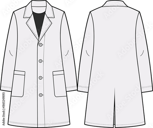 Classic long coat, women trench coat, technical flat sketch, button front design, winter outerwear vector, cad fashion drawing, detailed view