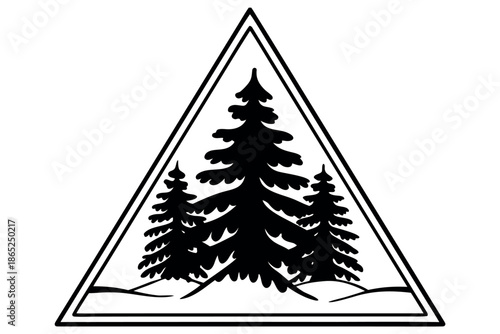 Three majestic evergreen trees silhouetted within a bold double-lined triangular frame isolated on white background