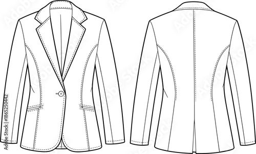 Classic single-button blazer flat sketch, women’s formal jacket vector, tailored fashion CAD drawing, front back technical coat illustration