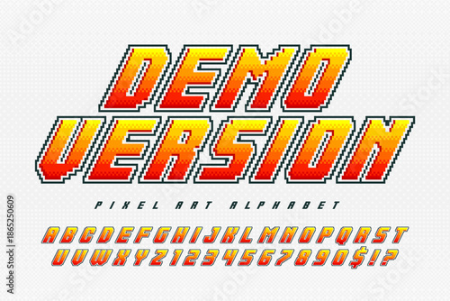 Original pixel alphabet. Retro video game style. High contrast and sharp, retro-futuristic design.