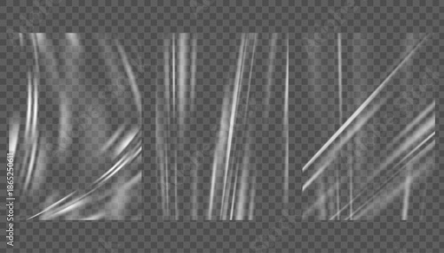 Vinyl clear film mockups. Transparent plastic foil cover with wrinkles. Textured overlay vector pvc material. Polyethylene and cellophane template for banner and poster.