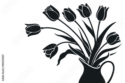 A charming silhouette of a vibrant tulip bouquet elegantly arranged in a classic vase isolated on white background