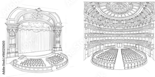 Classic theater interior sketch, detailed opera house drawing, vintage auditorium stage, grand architectural view, balcony seating, dome ceiling art