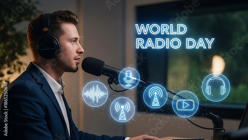 Man in suit and headphones speaking into microphone on world radio day with glowing icons