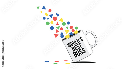 A colorful vector graphic of a mug with the words 'World's Best Boss' and colorful shapes coming out of it.