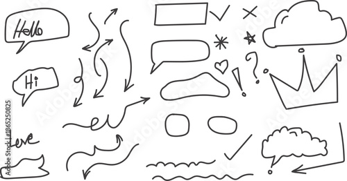 A collection of whimsical hand drawn doodles , arrow and symbols on a white background