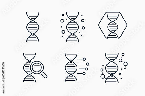 This image is a set of line (outline) icons on the theme of genetics, DNA, and biotechnology. 