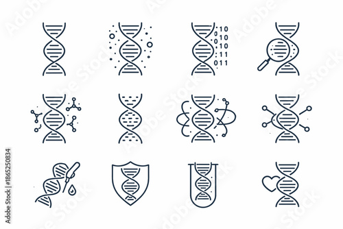 This image is a set of line (outline) icons on the theme of genetics, DNA, and biotechnology. 
