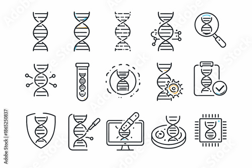 This image is a set of line (outline) icons on the theme of genetics, DNA, and biotechnology. 