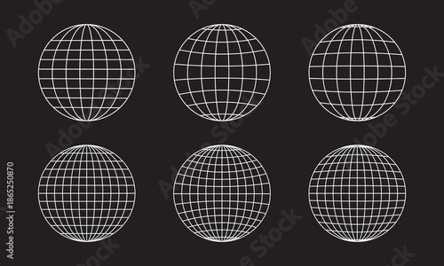 Set of simple white globe wireframes on black background. Orb models, sphere shapes, meshed balls. Earth planet or universe symbols with longitude and latitude lines. Vector graphic illustration