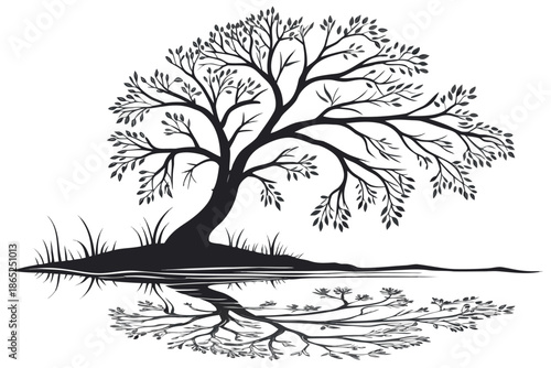 A tranquil silhouette of a graceful tree with its perfect reflection in calm water isolated on white background