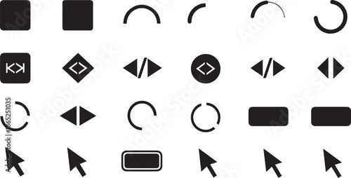 Set of Bold Black UI Elements featuring Minimalist Web Cursors, Abstract Coding Symbols, Circular Loading Indicators and Creative Interface Buttons on White Background