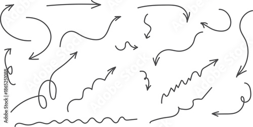 A collection of whimsical hand drawn doodles , arrow and symbols on a white background