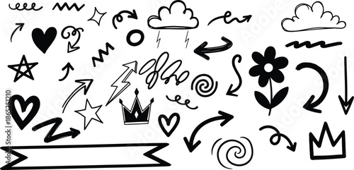 A collection of whimsical hand drawn doodles , arrow and symbols on a white background