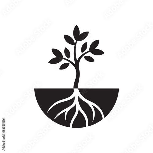 A black and white minimalist icon of a young plant with visible roots in a semicircle of soil
