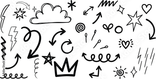 A collection of whimsical hand drawn doodles , arrow and symbols on a white background