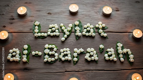 Laylat al-Bara'ah text made of white flowers on wood. Islamic holy night concept with candles.