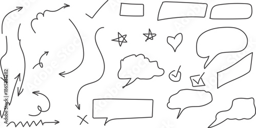 A collection of whimsical hand drawn doodles , arrow and symbols on a white background