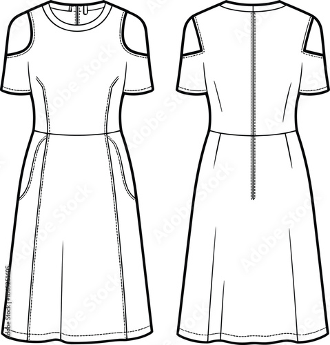 Cold shoulder midi dress with pockets, front and back flat sketch, stylish casual outfit, technical CAD vector fashion illustration