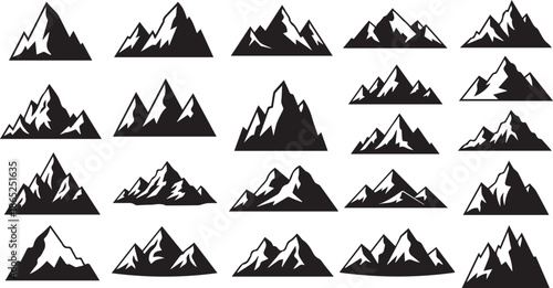 Mega Set of Black Mountain Silhouettes featuring Bold Peak Icons, Rugged Highland Ranges and Creative Nature Exploration Symbols on White Background