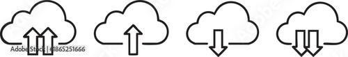 Cloud upload and download icons set, data transfer and cloud storage line symbols isolated on white