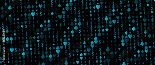 Dark Blue, Green vector layout with elements of cards. Colorful gradient with signs of hearts, spades, clubs, diamonds. Design for ad, poster, banner of gambling websites.