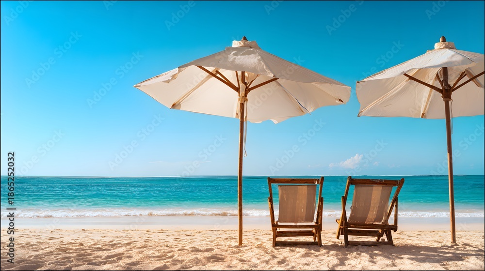 Fototapeta premium Tropical Beach Relaxation Two Deckchairs Under Umbrellas Serene Vacation Lifestyle Stock Photo Image