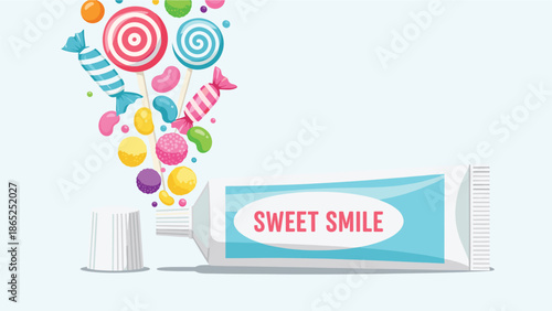 A colorful illustration of a toothpaste tube with candies coming out of it