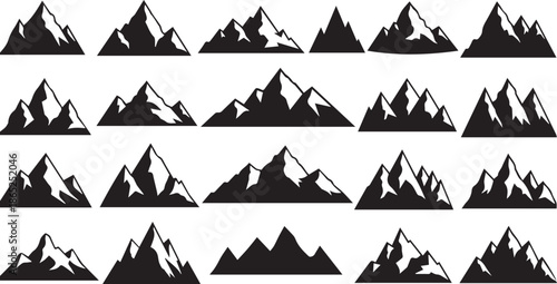 Mega Set of Black Mountain Silhouettes featuring Bold Peak Icons, Rugged Highland Ranges and Creative Nature Exploration Symbols on White Background