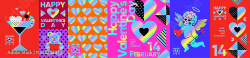 Happy Valentine's Day. Vector abstract holographic illustrations of a love pattern with hearts, cupid, teddy bear, and modern typography for a greeting card, holiday poster, background, or postcard
