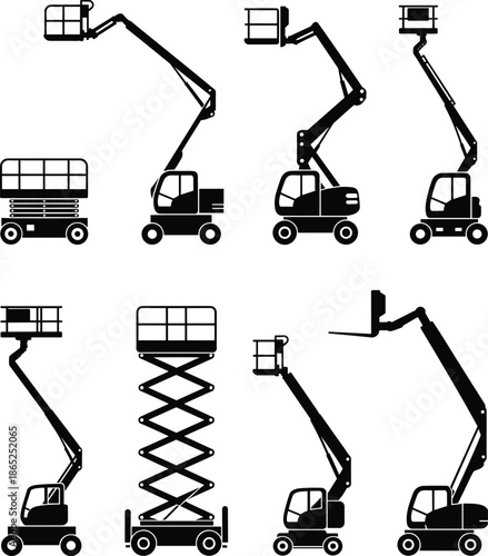 Collection of aerial lift platform icons, boom lift and scissor lift vehicles, construction equipment vector for industrial elevation work