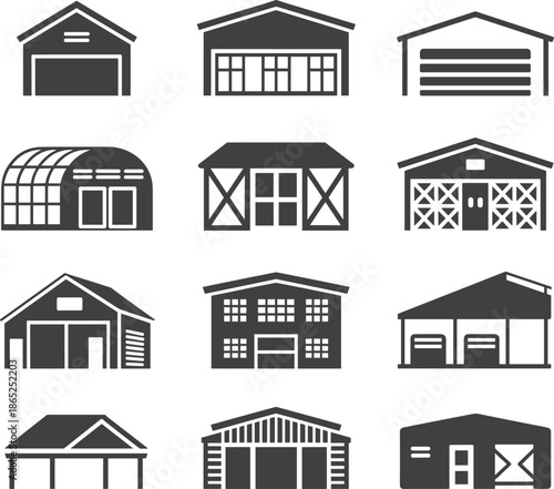 Collection of barn, garage, shed, and warehouse vector icons, modern and traditional storage building illustrations, agriculture and industrial structures