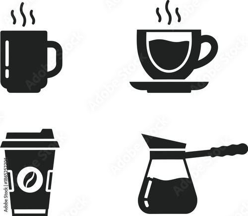 Four black coffee and tea vessel icons on transparent background silhouette
