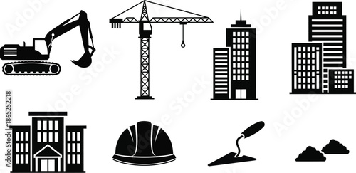 Construction equipment and buildings icons set black silhouettes on transparent background