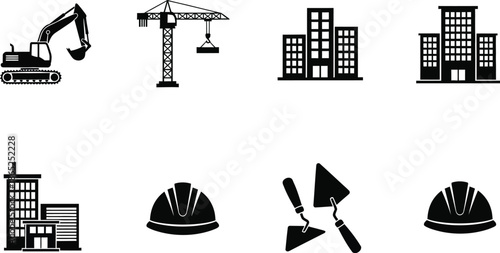 Construction icons featuring buildings machinery and workers on transparent background silhouette