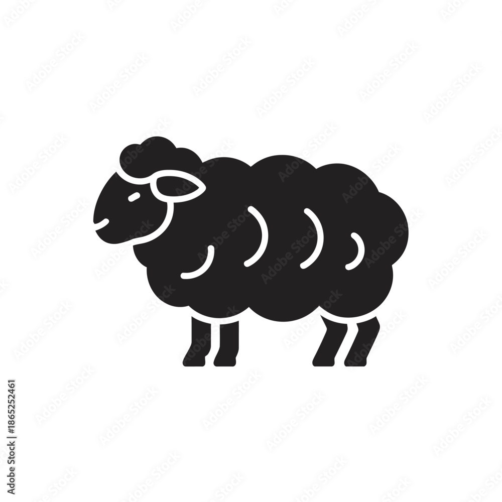 Obraz premium A simple black glyph icon of a fluffy sheep in side profile view, isolated on a white background.