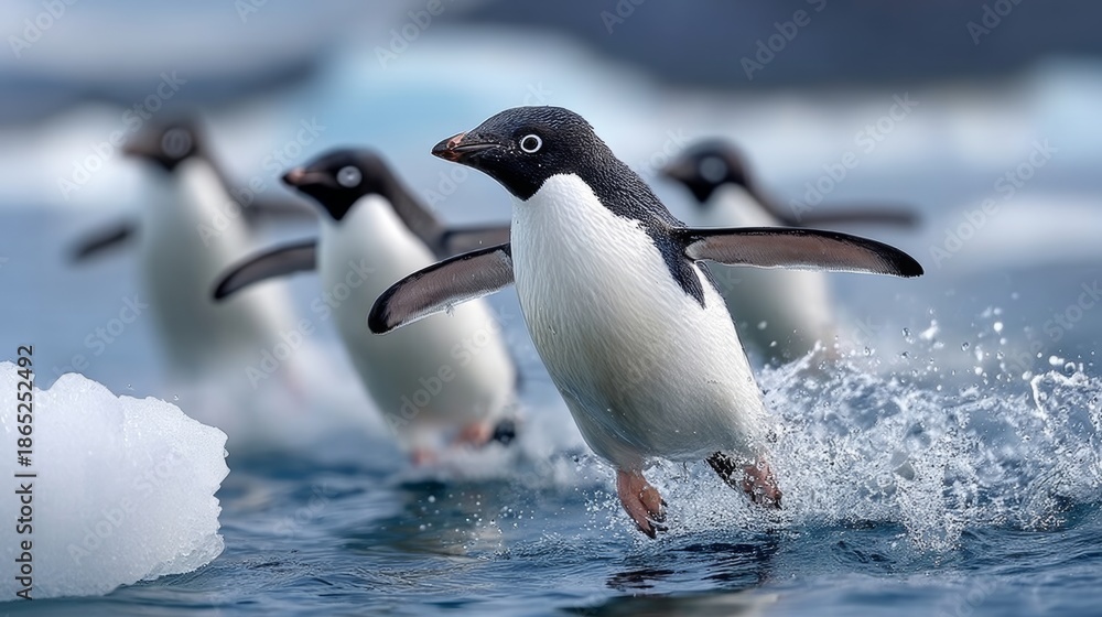 Fototapeta premium A group of penguins are swimming in the ocean. One of the penguins is jumping out of the water