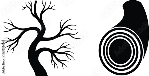 Black tree branches and a stylized trunk section silhouette on transparent background