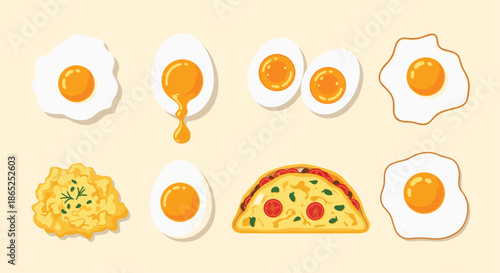 Collection of delicious cooked egg dishes including sunny side up, hard boiled halves, scrambled eggs, and a vegetable omelet on a plain background.