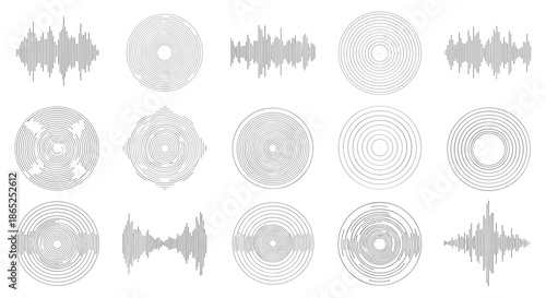 Assorted collection of black and white sound wave patterns featuring circular radial designs and linear frequency visualizations for audio projects.