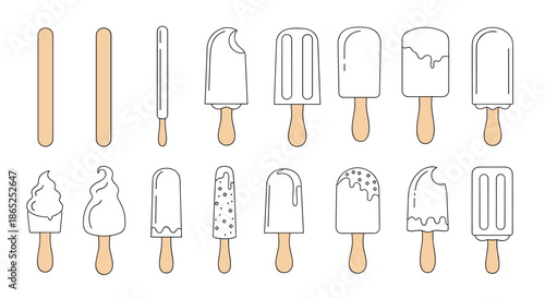 Comprehensive set of ice cream bar illustrations on wooden sticks showing different shapes, coatings, and toppings in a simple line art style.