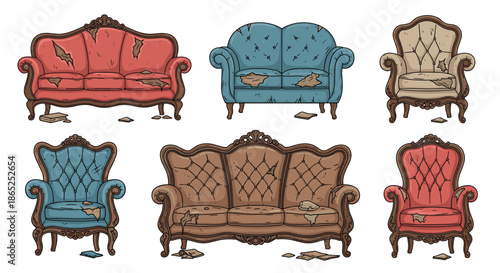 Collection of vintage upholstered furniture including sofas and armchairs showing significant wear and tear with ripped fabric and exposed stuffing.