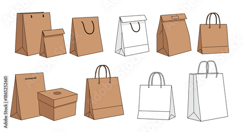 Assorted brown and white paper shopping bags in different sizes and styles alongside a cardboard box suitable for retail or gift packaging.