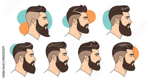 Diverse collection of male profile illustrations showcasing various trendy haircuts and well-groomed beard styles for modern grooming inspiration.
