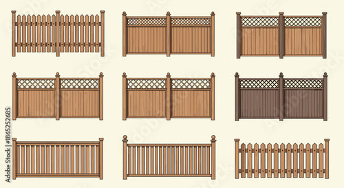 Comprehensive set of wooden garden fence sections showcasing various styles like picket, lattice, and vertical slat designs in different wood tones.