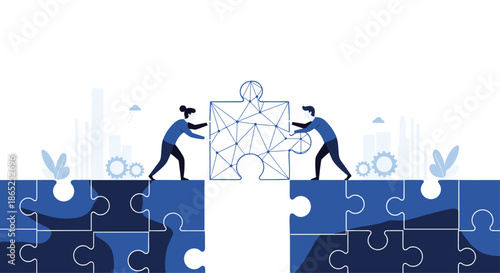 Concept of teamwork and collaboration shown by two individuals placing a glowing connectivity puzzle piece to complete a bridge in a city.