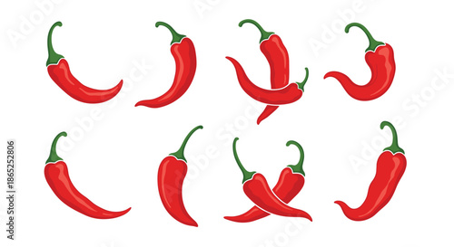 Collection of vibrant red chili peppers shown individually and in clusters, highlighting their curved shapes and fresh green stems.