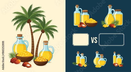 Educational illustration comparing different sources of palm oil featuring palm trees, bowls of oil kernels, and various glass jugs of golden oil.