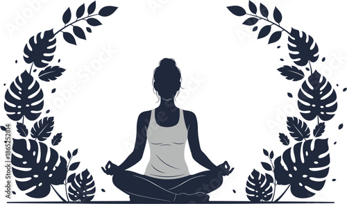 Woman meditating in lotus position framed by tropical leaves on transparent background silhouette